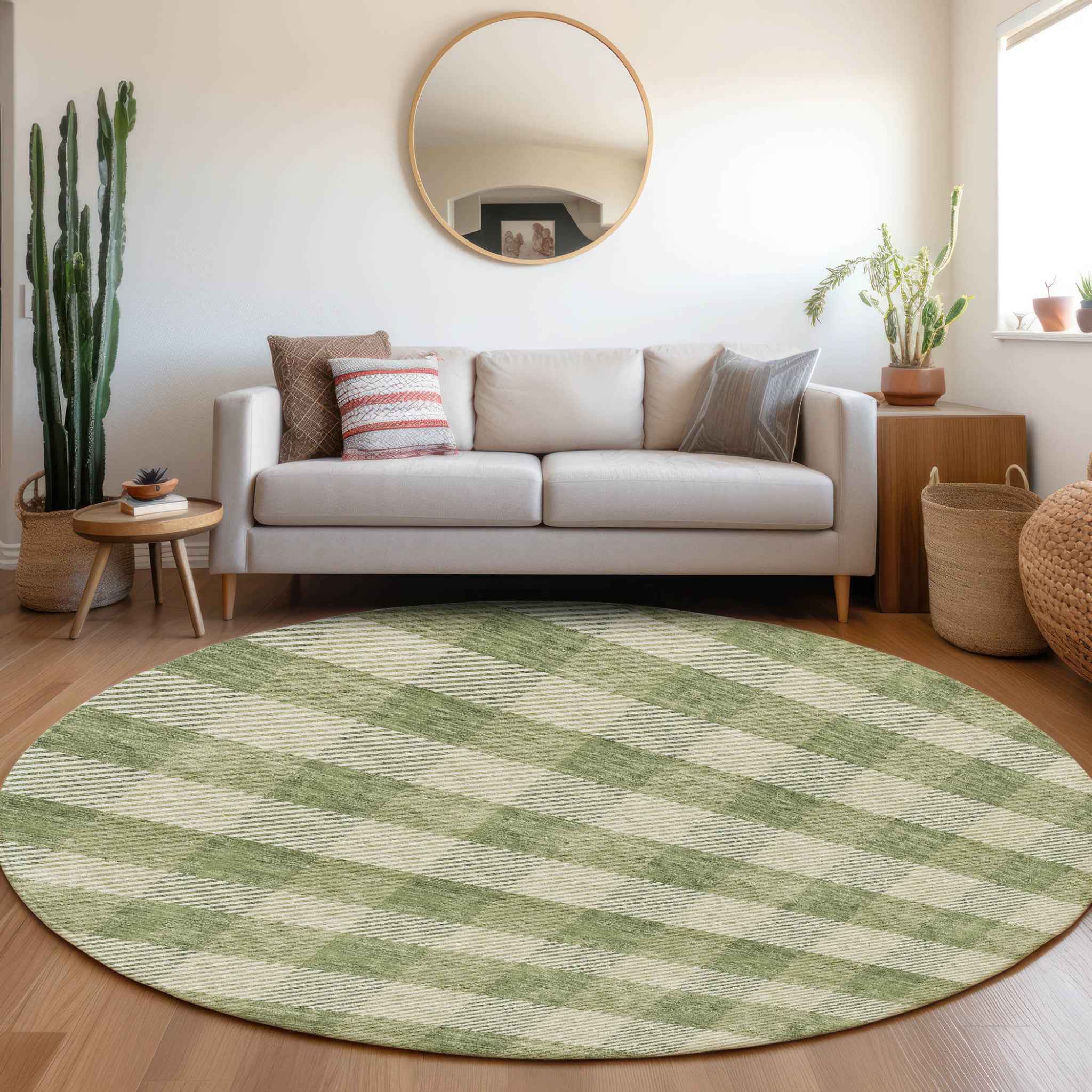 8' Green And Light Green Round Plaid Washable Indoor Outdoor Area Rug