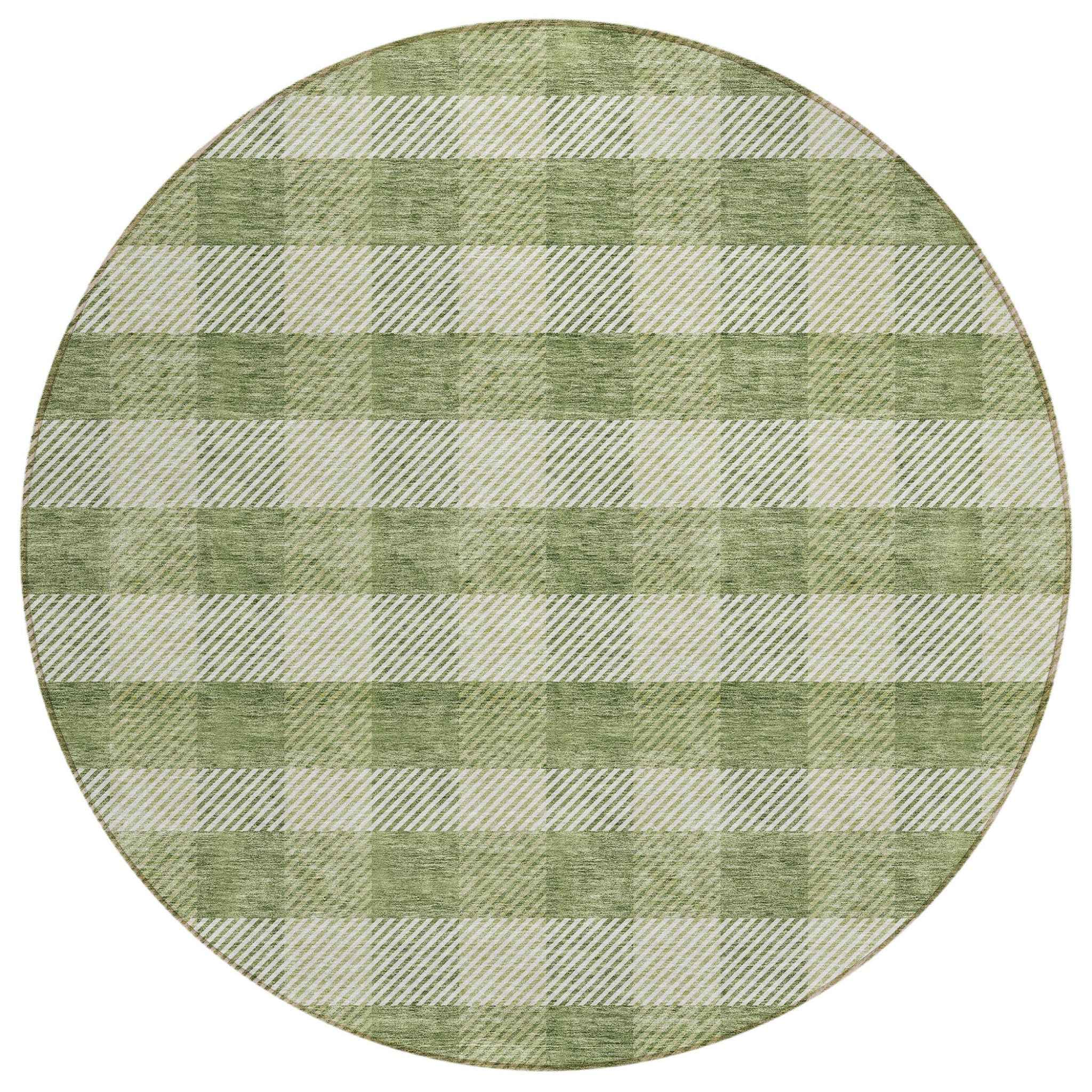 8' Green And Light Green Round Plaid Washable Indoor Outdoor Area Rug