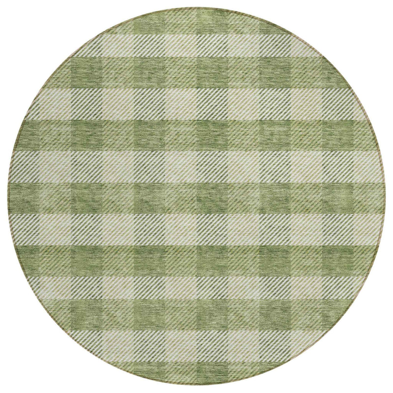 8' Green And Light Green Round Plaid Washable Indoor Outdoor Area Rug