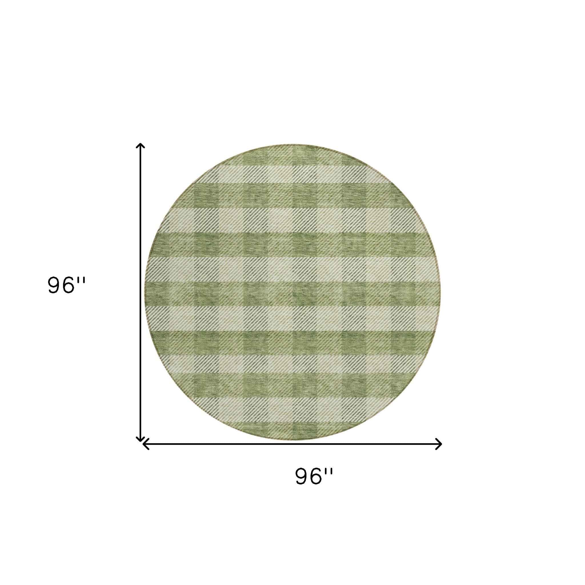 8' Green And Light Green Round Plaid Washable Indoor Outdoor Area Rug