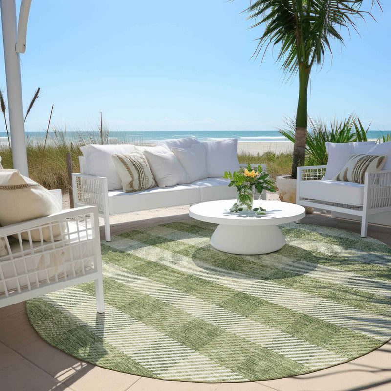 8' Green And Light Green Round Plaid Washable Indoor Outdoor Area Rug
