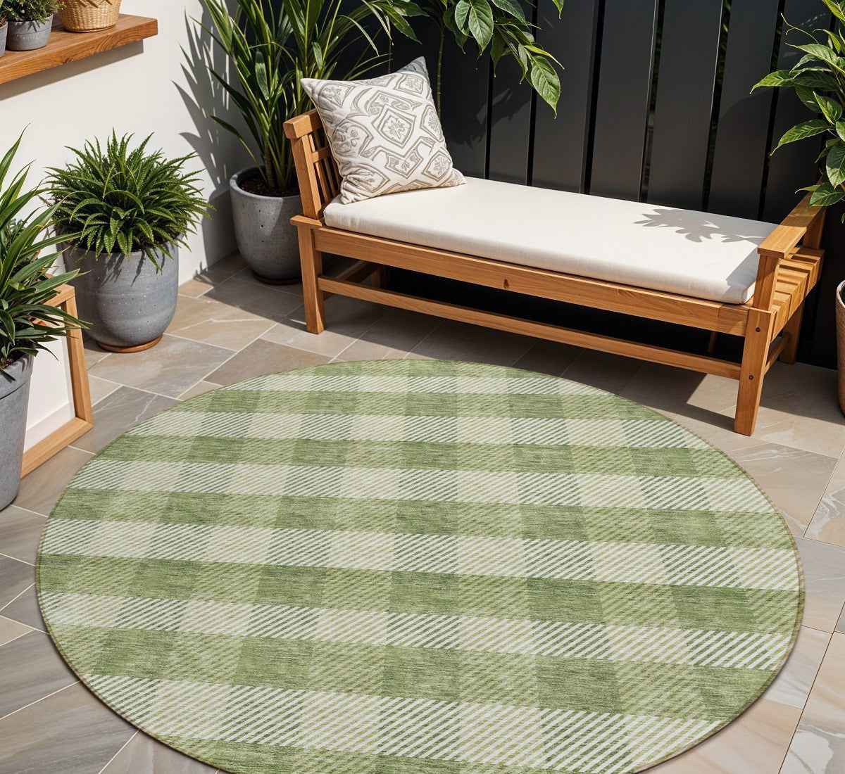 8' Green And Light Green Round Plaid Washable Indoor Outdoor Area Rug