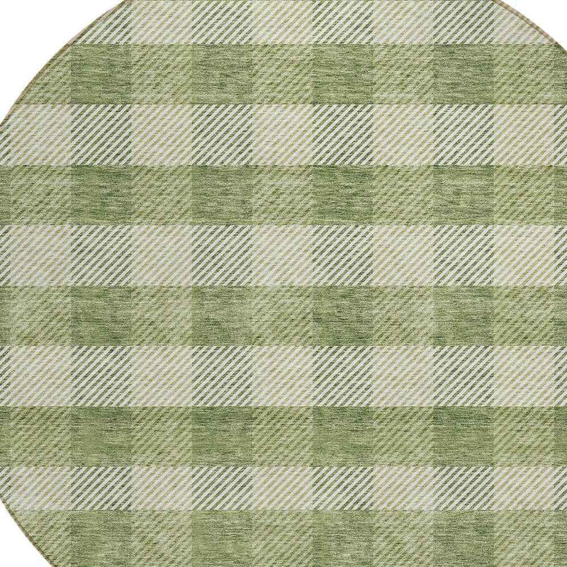 8' Green And Light Green Round Plaid Washable Indoor Outdoor Area Rug