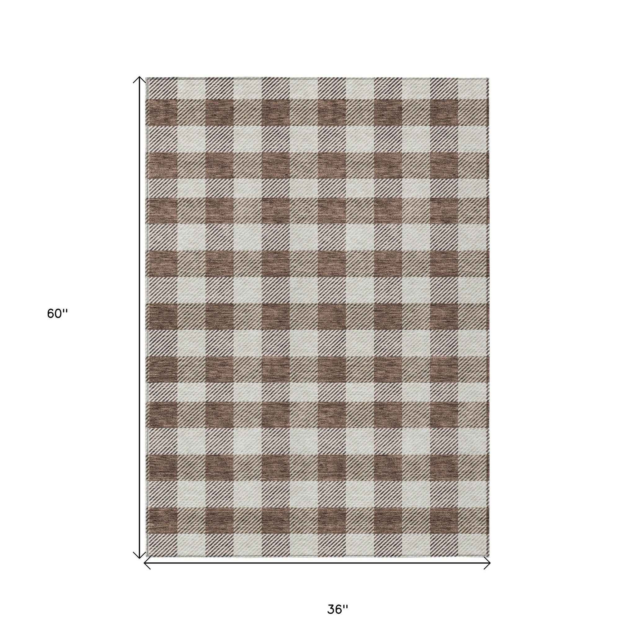 3' X 5' Brown And Beige Plaid Washable Indoor Outdoor Area Rug