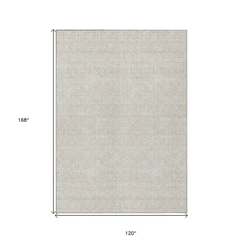 10' X 14' Beige And Ivory Geometric Washable Indoor Outdoor Area Rug