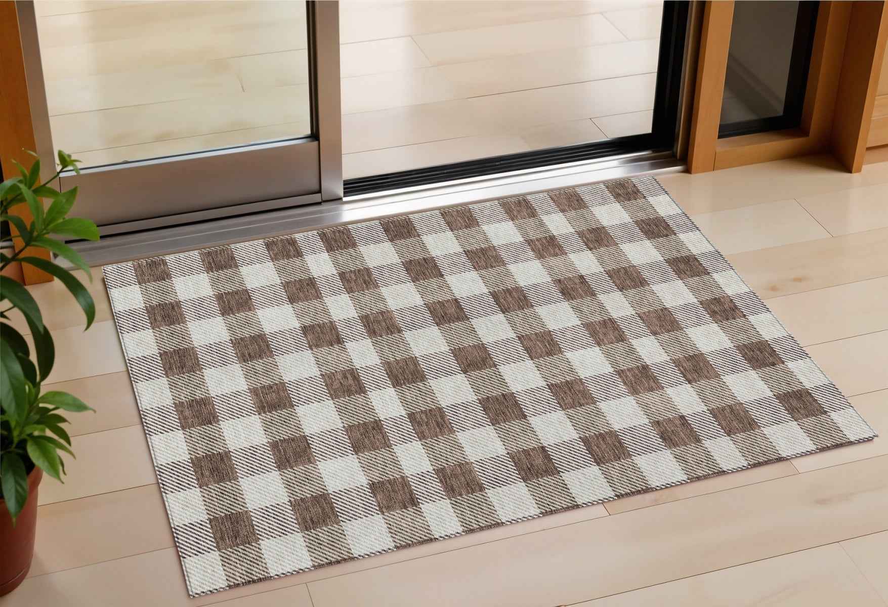 3' X 5' Brown And Beige Plaid Washable Indoor Outdoor Area Rug