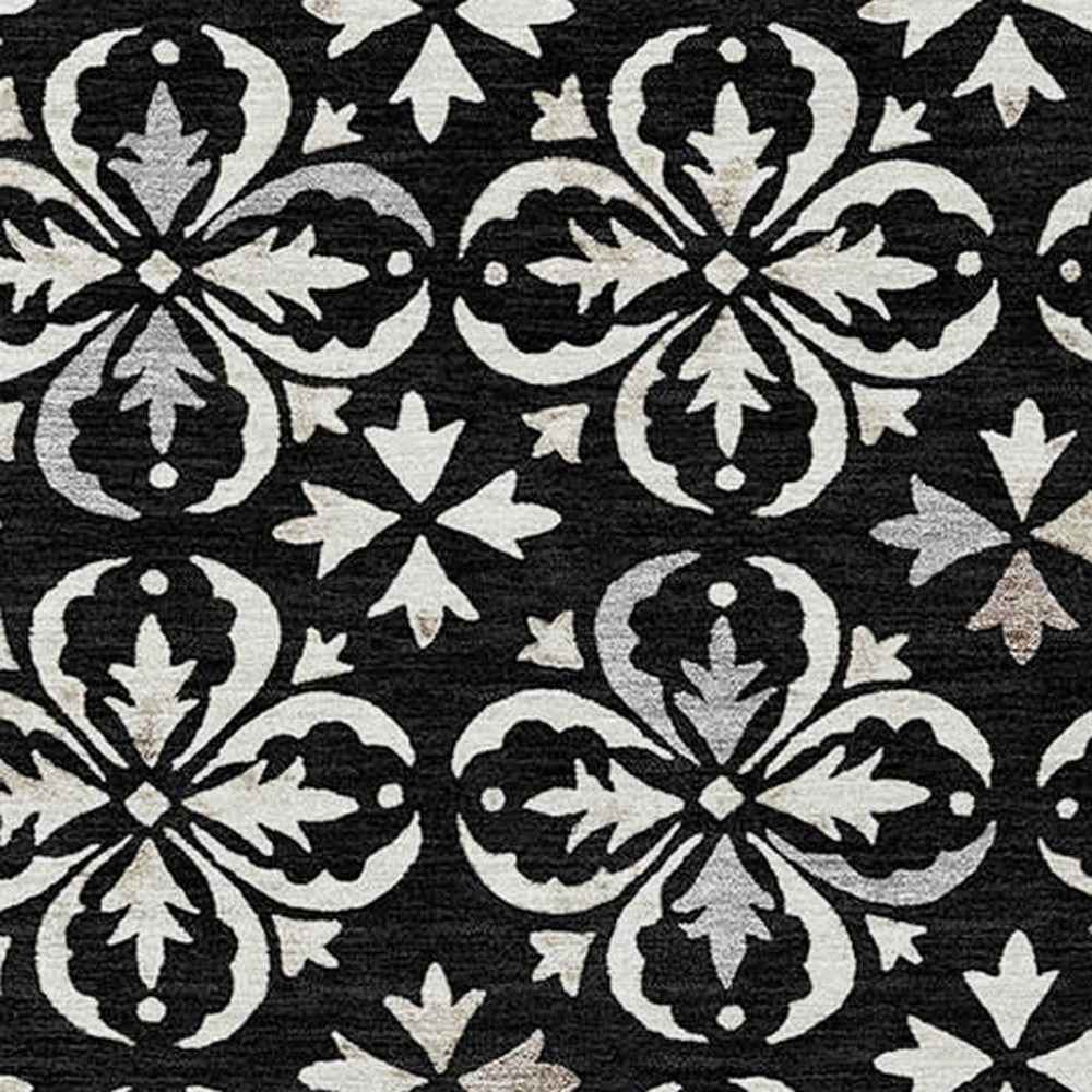 9' X 12' Black And Ivory Floral Washable Indoor Outdoor Area Rug