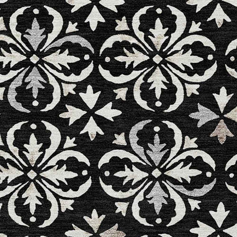 9' X 12' Black And Ivory Floral Washable Indoor Outdoor Area Rug