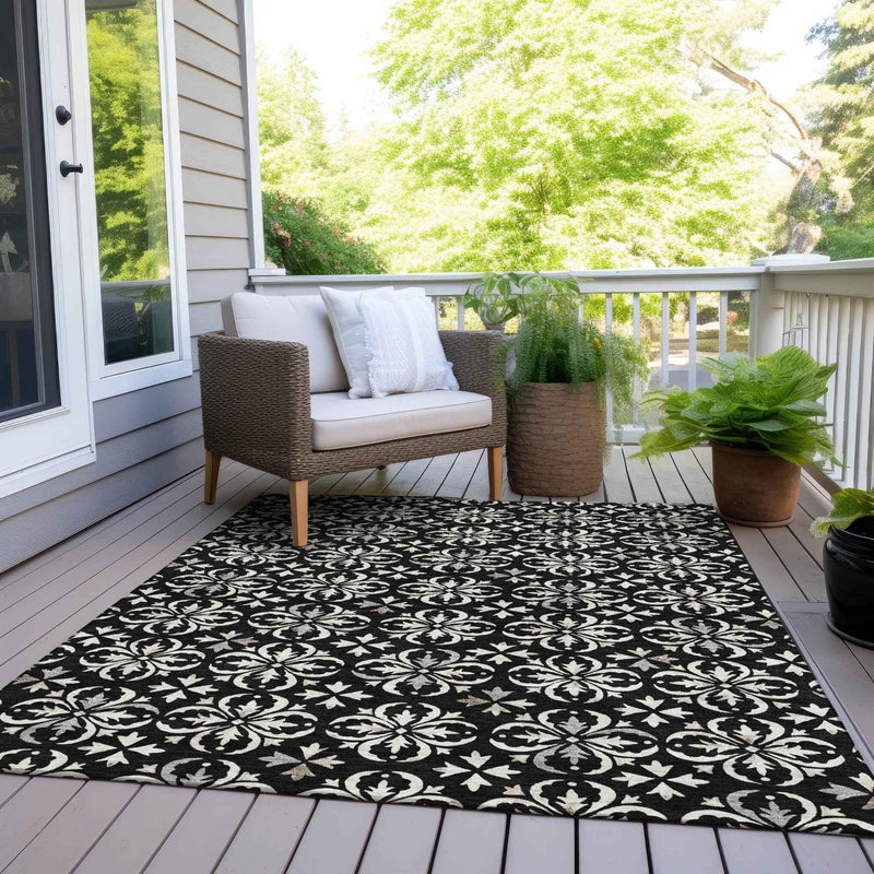 9' X 12' Black And Ivory Floral Washable Indoor Outdoor Area Rug