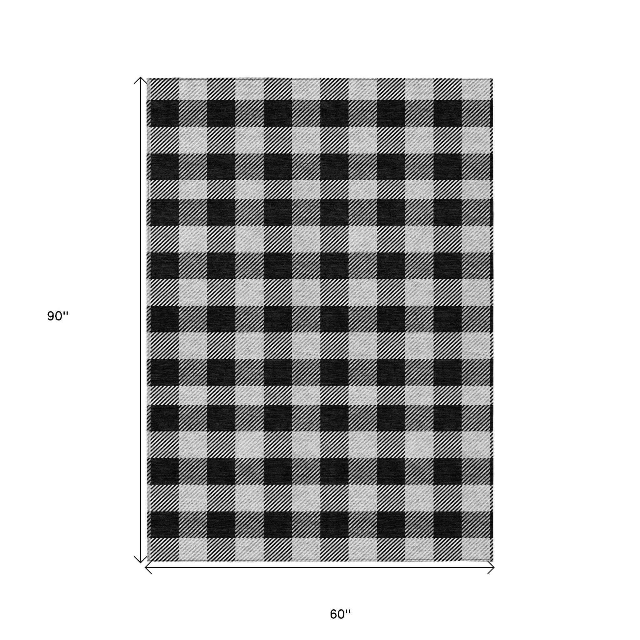 5' X 8' Black Gray And Ivory Plaid Washable Indoor Outdoor Area Rug