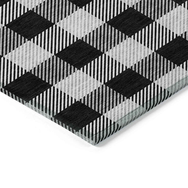 9' X 12' Black Gray And Ivory Plaid Washable Indoor Outdoor Area Rug