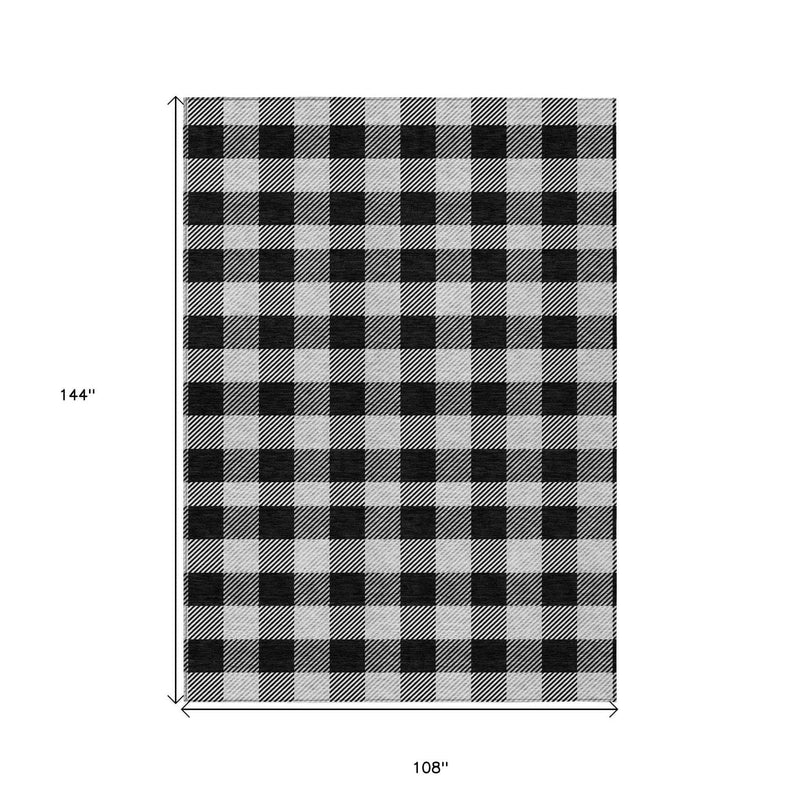 9' X 12' Black Gray And Ivory Plaid Washable Indoor Outdoor Area Rug