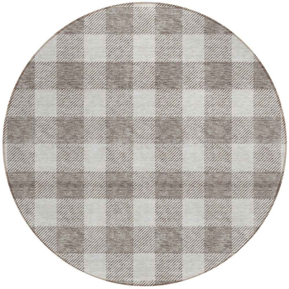 8' Taupe And Gray Round Plaid Washable Indoor Outdoor Area Rug