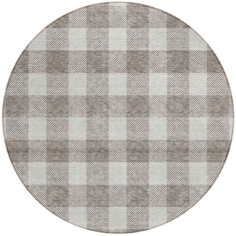 8' Taupe And Gray Round Plaid Washable Indoor Outdoor Area Rug