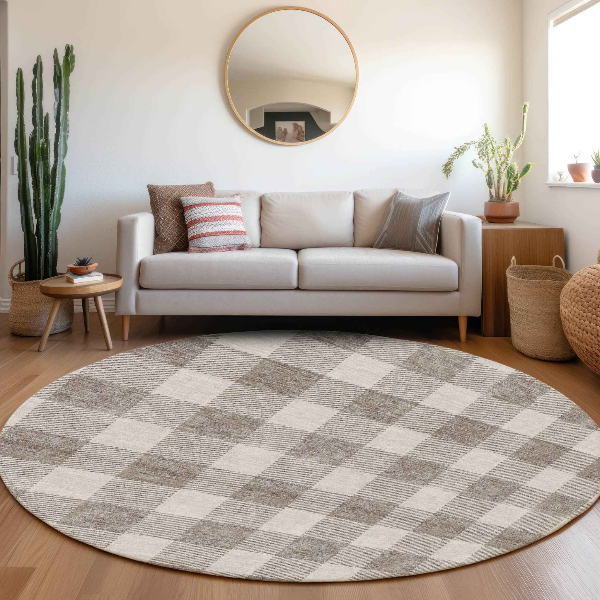 8' Taupe And Gray Round Plaid Washable Indoor Outdoor Area Rug