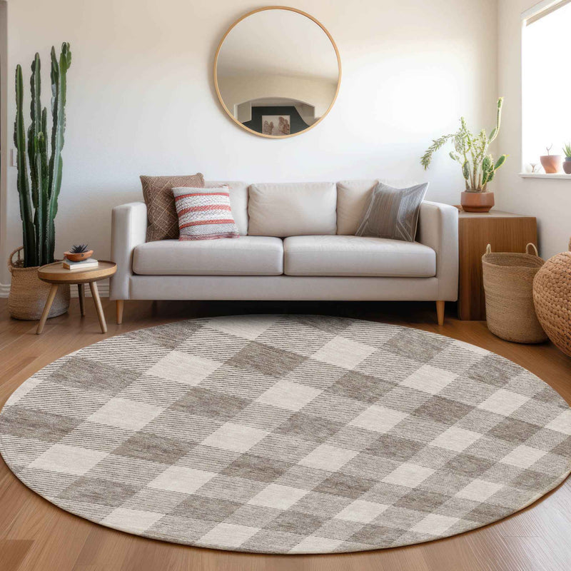 8' Taupe And Gray Round Plaid Washable Indoor Outdoor Area Rug