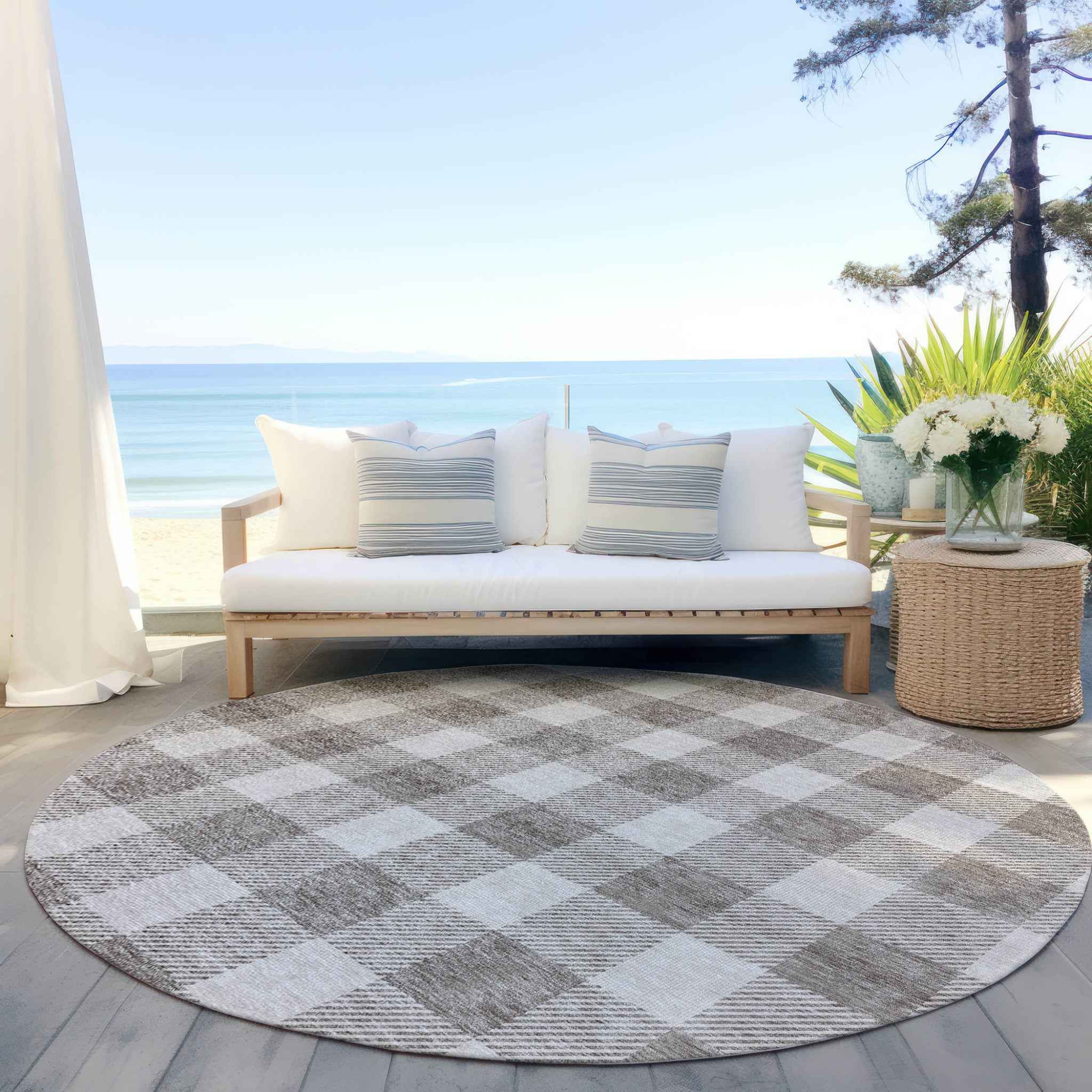 8' Taupe And Gray Round Plaid Washable Indoor Outdoor Area Rug