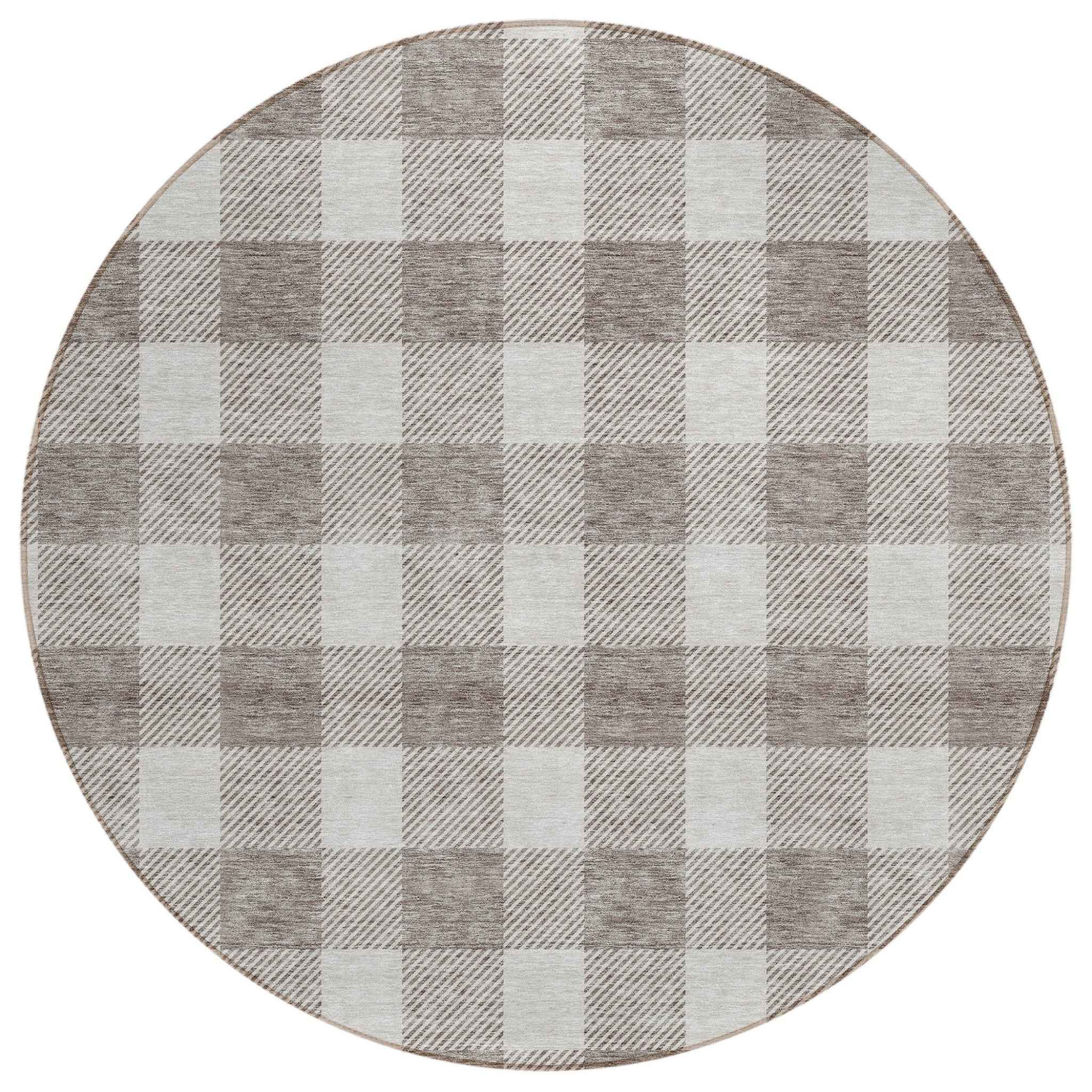 8' Taupe And Gray Round Plaid Washable Indoor Outdoor Area Rug