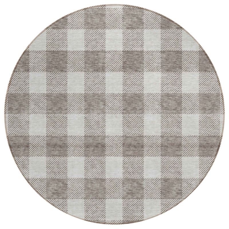 8' Taupe And Gray Round Plaid Washable Indoor Outdoor Area Rug