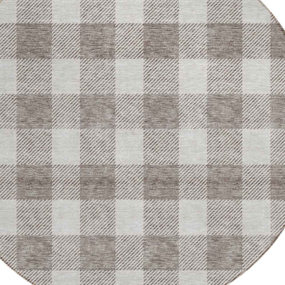 8' Taupe And Gray Round Plaid Washable Indoor Outdoor Area Rug