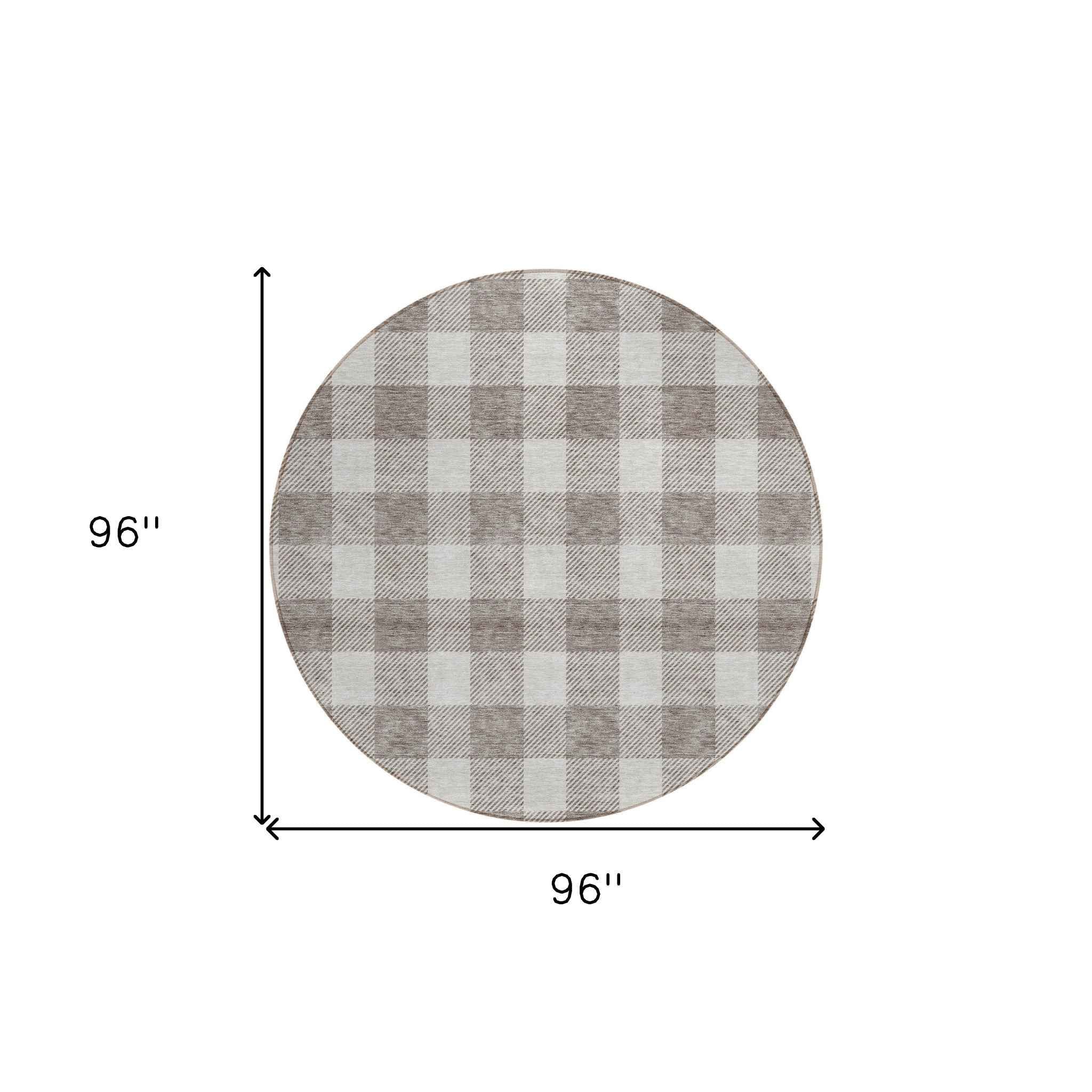 8' Taupe And Gray Round Plaid Washable Indoor Outdoor Area Rug