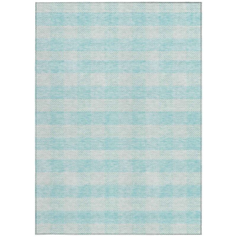 10' X 14' Aqua And Ivory Plaid Washable Indoor Outdoor Area Rug