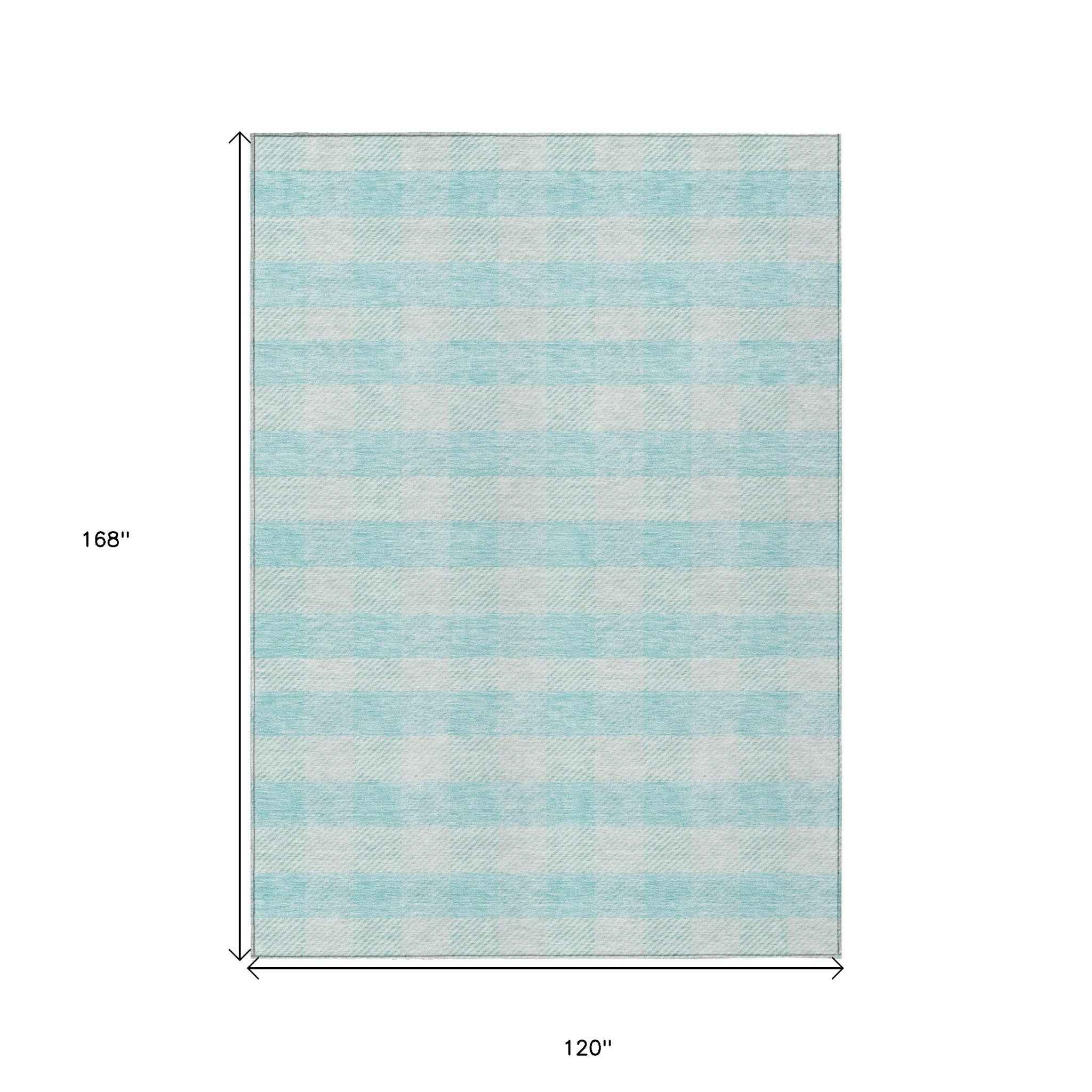 10' X 14' Aqua And Ivory Plaid Washable Indoor Outdoor Area Rug
