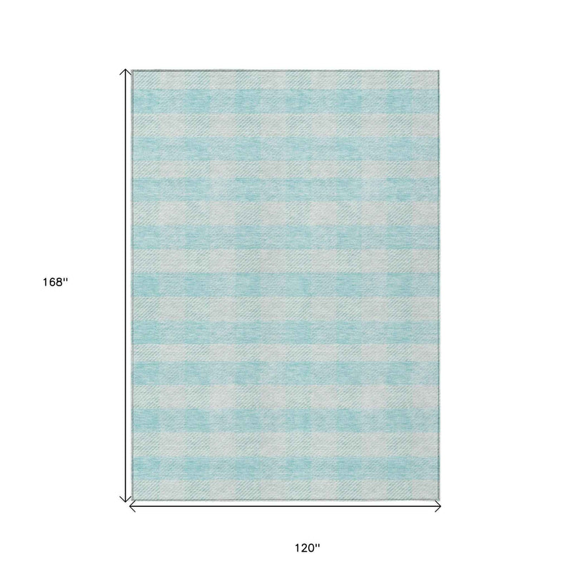 10' X 14' Aqua And Ivory Plaid Washable Indoor Outdoor Area Rug
