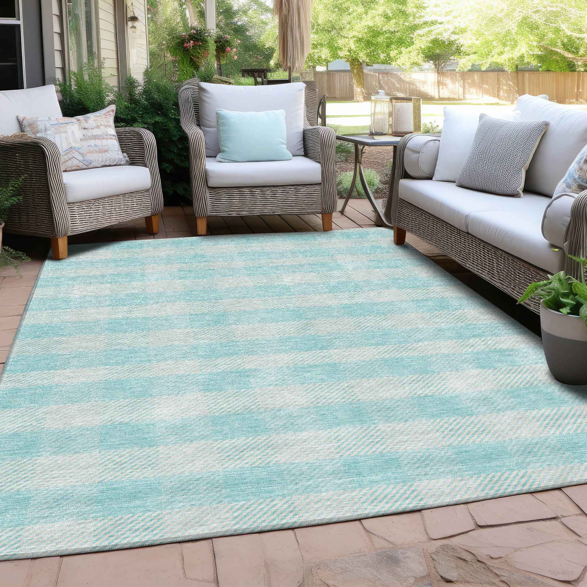 10' X 14' Aqua And Ivory Plaid Washable Indoor Outdoor Area Rug