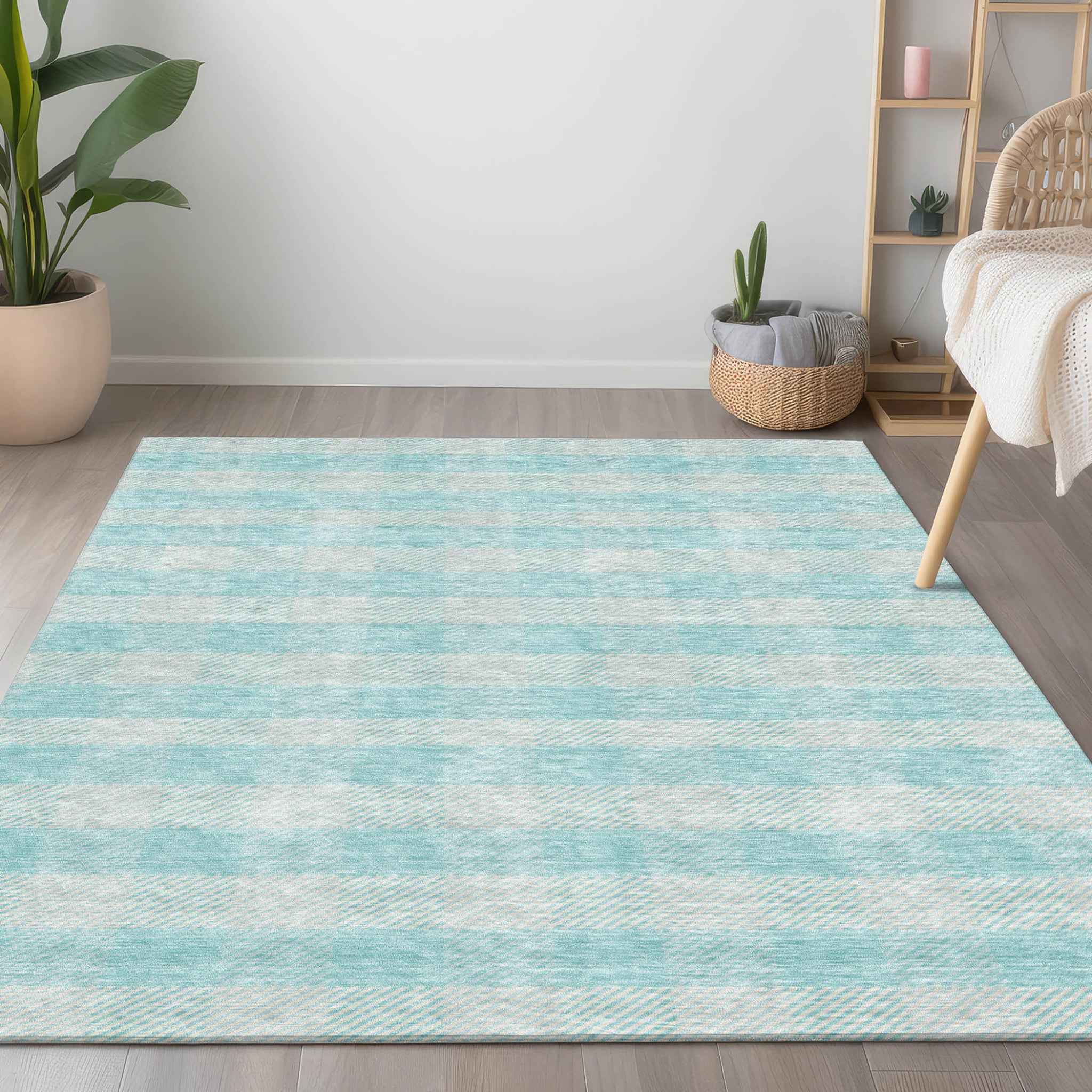 10' X 14' Aqua And Ivory Plaid Washable Indoor Outdoor Area Rug