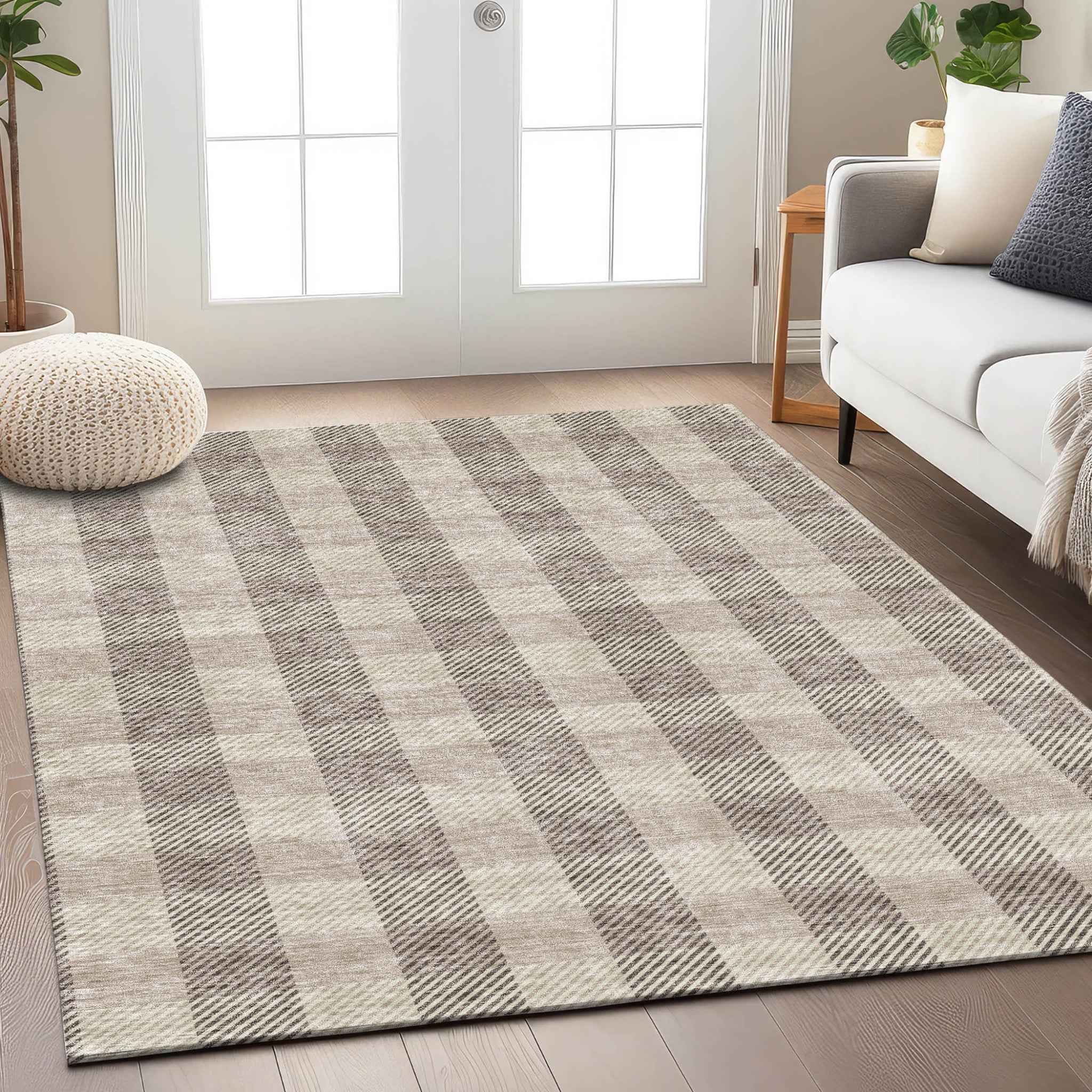 10' X 14' Beige And Brown Plaid Washable Indoor Outdoor Area Rug