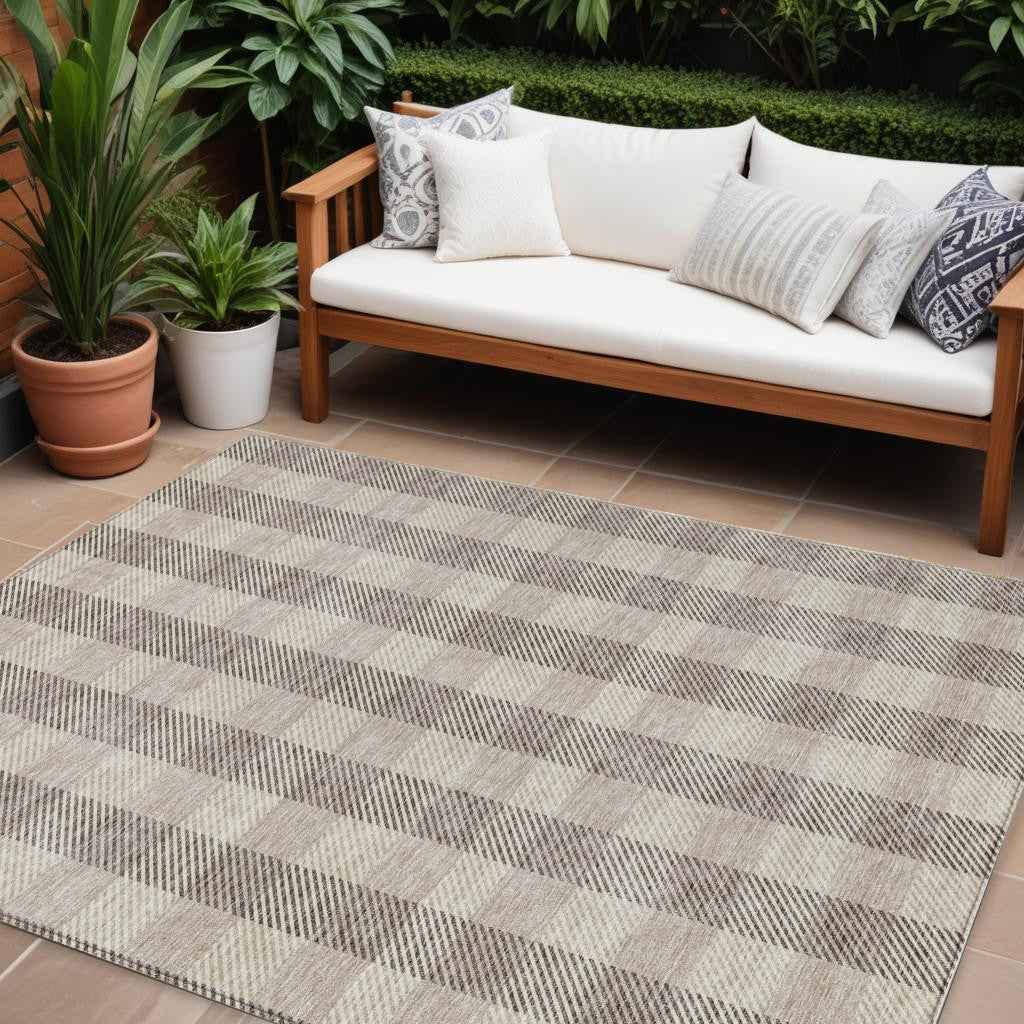 10' X 14' Beige And Brown Plaid Washable Indoor Outdoor Area Rug