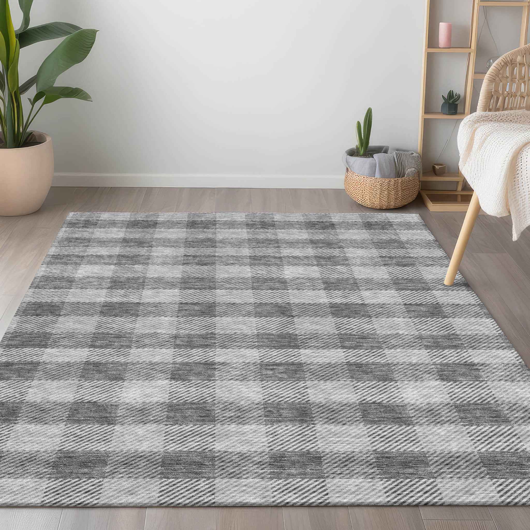 9' X 12' Gray And Charcoal Plaid Washable Indoor Outdoor Area Rug