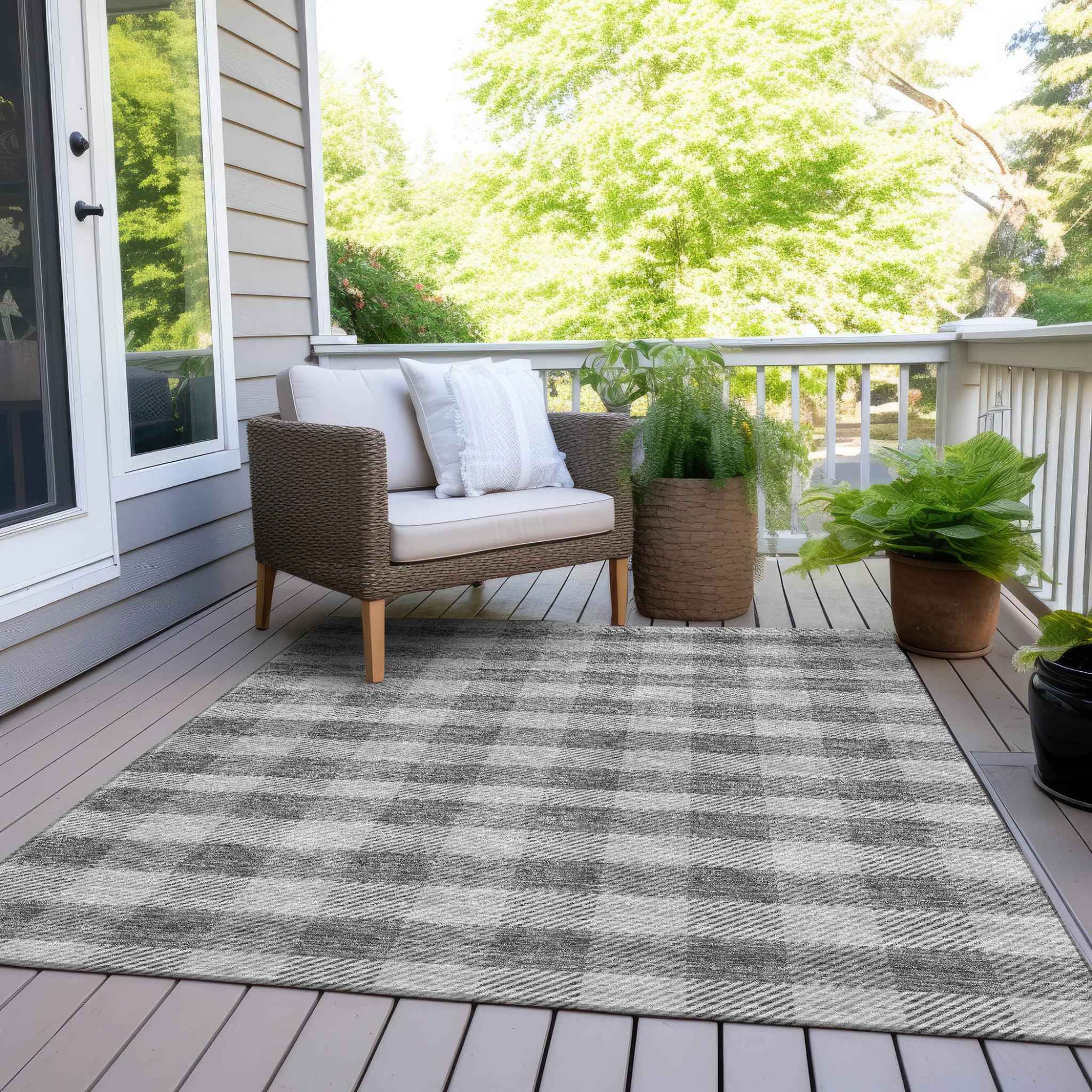 9' X 12' Gray And Charcoal Plaid Washable Indoor Outdoor Area Rug