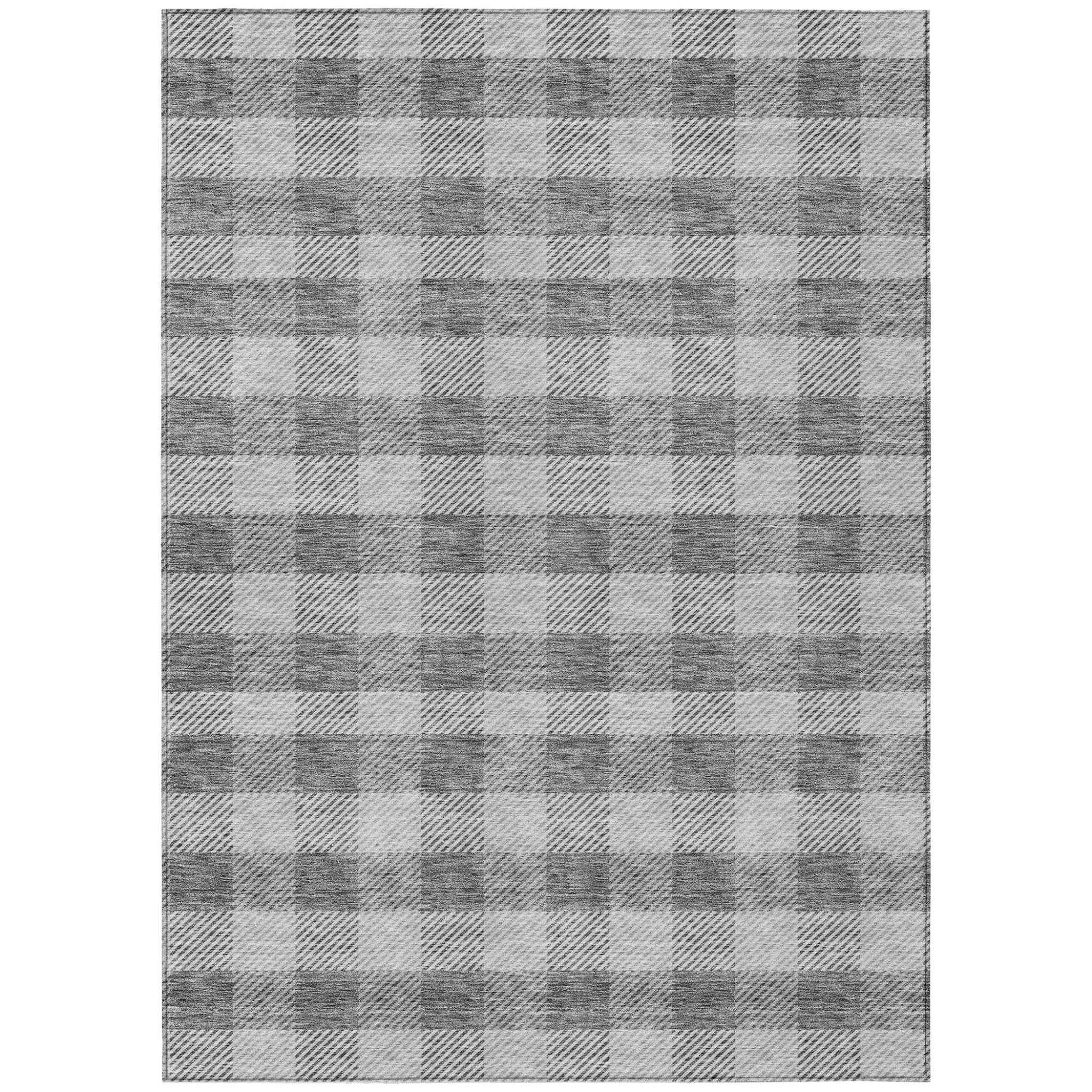 9' X 12' Gray And Charcoal Plaid Washable Indoor Outdoor Area Rug