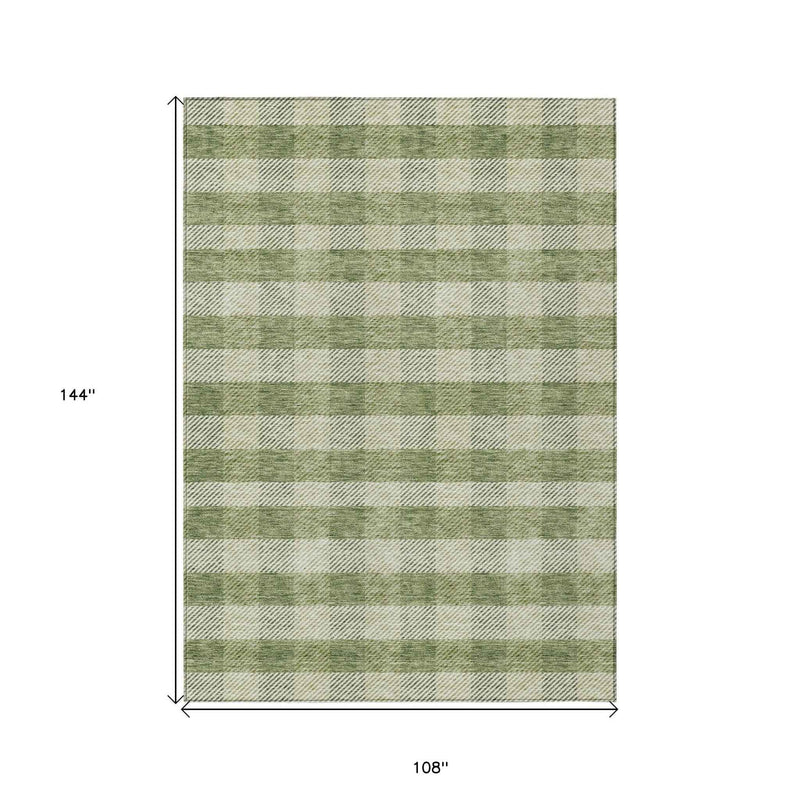 9' X 12' Green And Light Green Plaid Washable Indoor Outdoor Area Rug