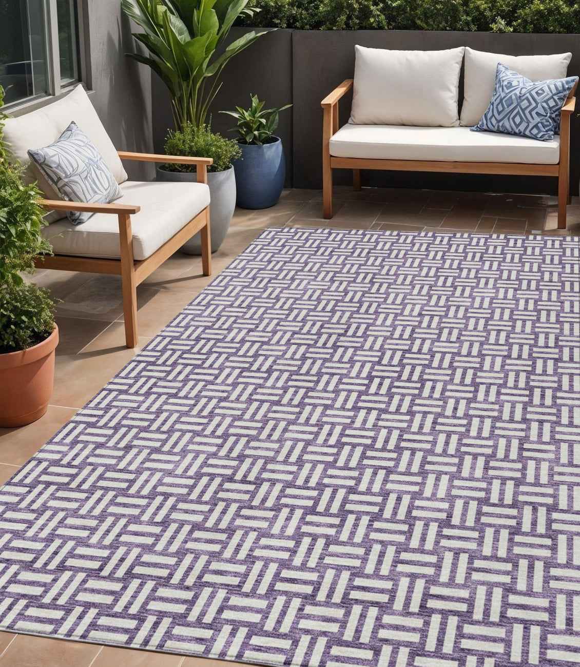 5' X 8' Purple And Ivory Geometric Washable Indoor Outdoor Area Rug