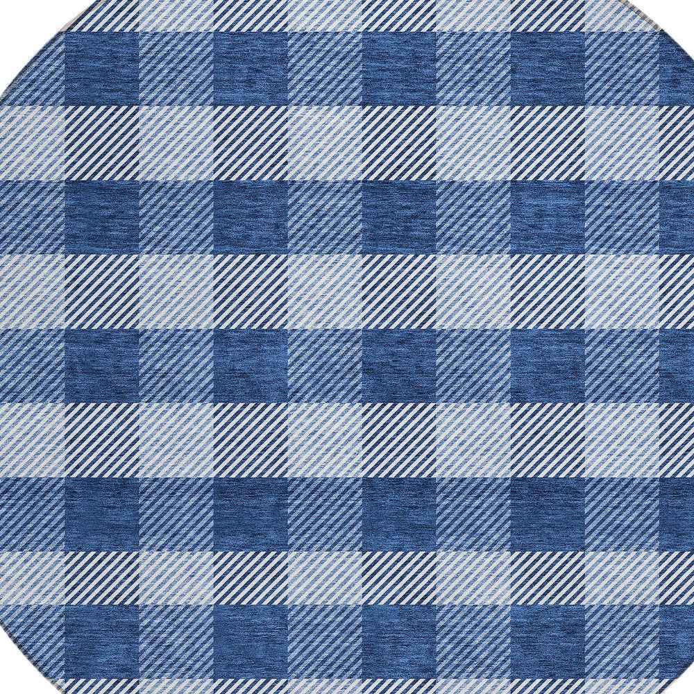 8' Navy Blue And Ivory Round Plaid Washable Indoor Outdoor Area Rug