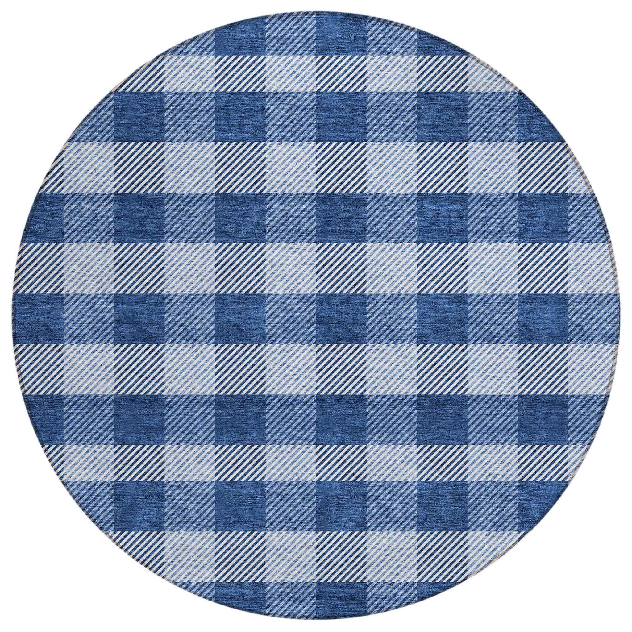 8' Navy Blue And Ivory Round Plaid Washable Indoor Outdoor Area Rug
