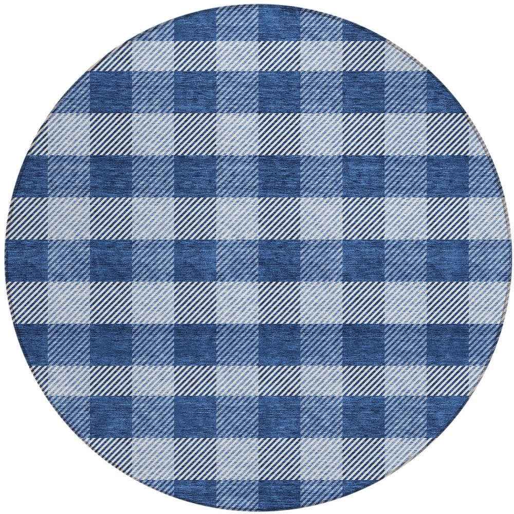 8' Navy Blue And Ivory Round Plaid Washable Indoor Outdoor Area Rug