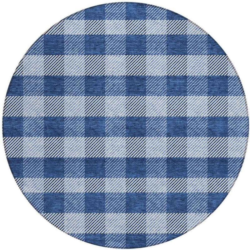 8' Navy Blue And Ivory Round Plaid Washable Indoor Outdoor Area Rug