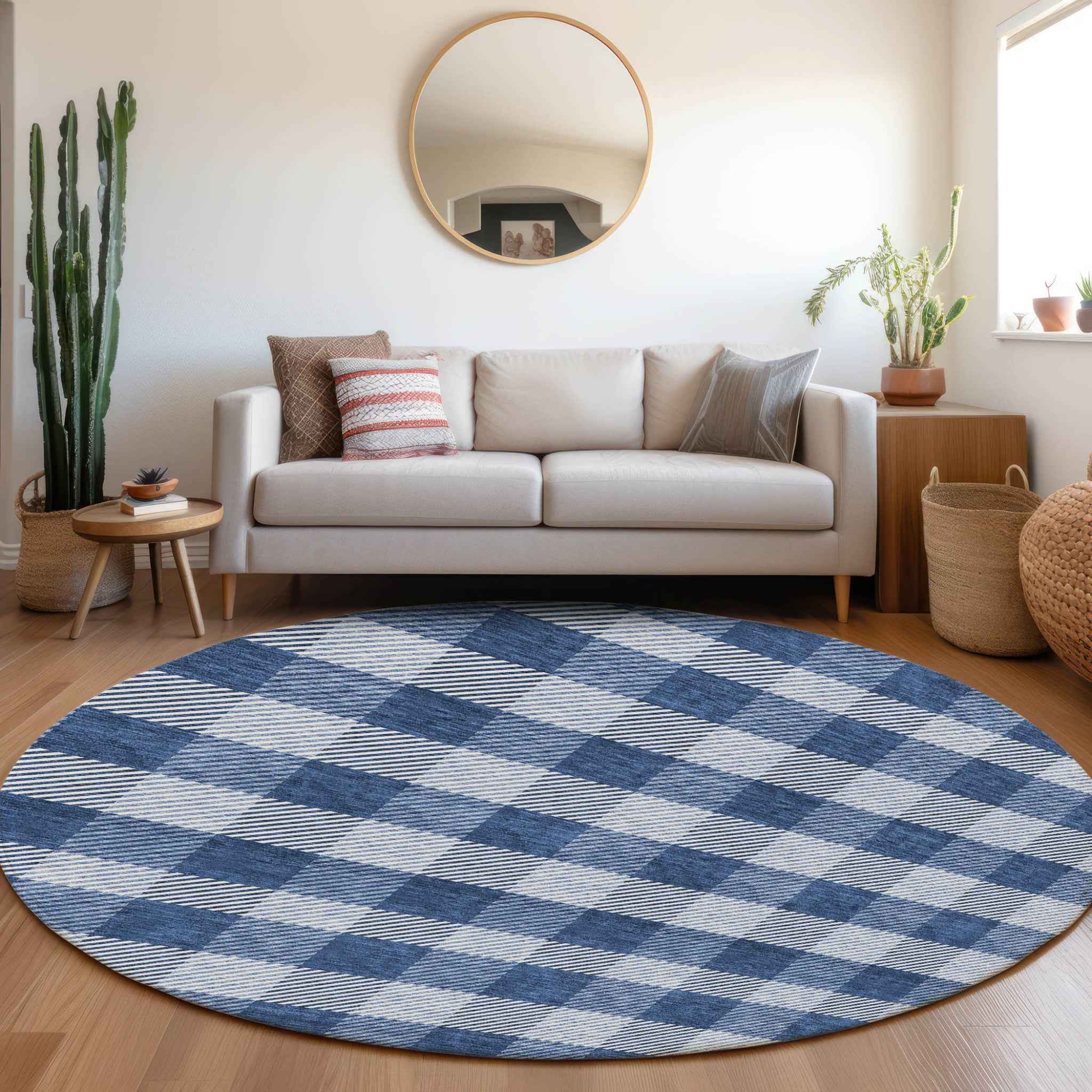 8' Navy Blue And Ivory Round Plaid Washable Indoor Outdoor Area Rug