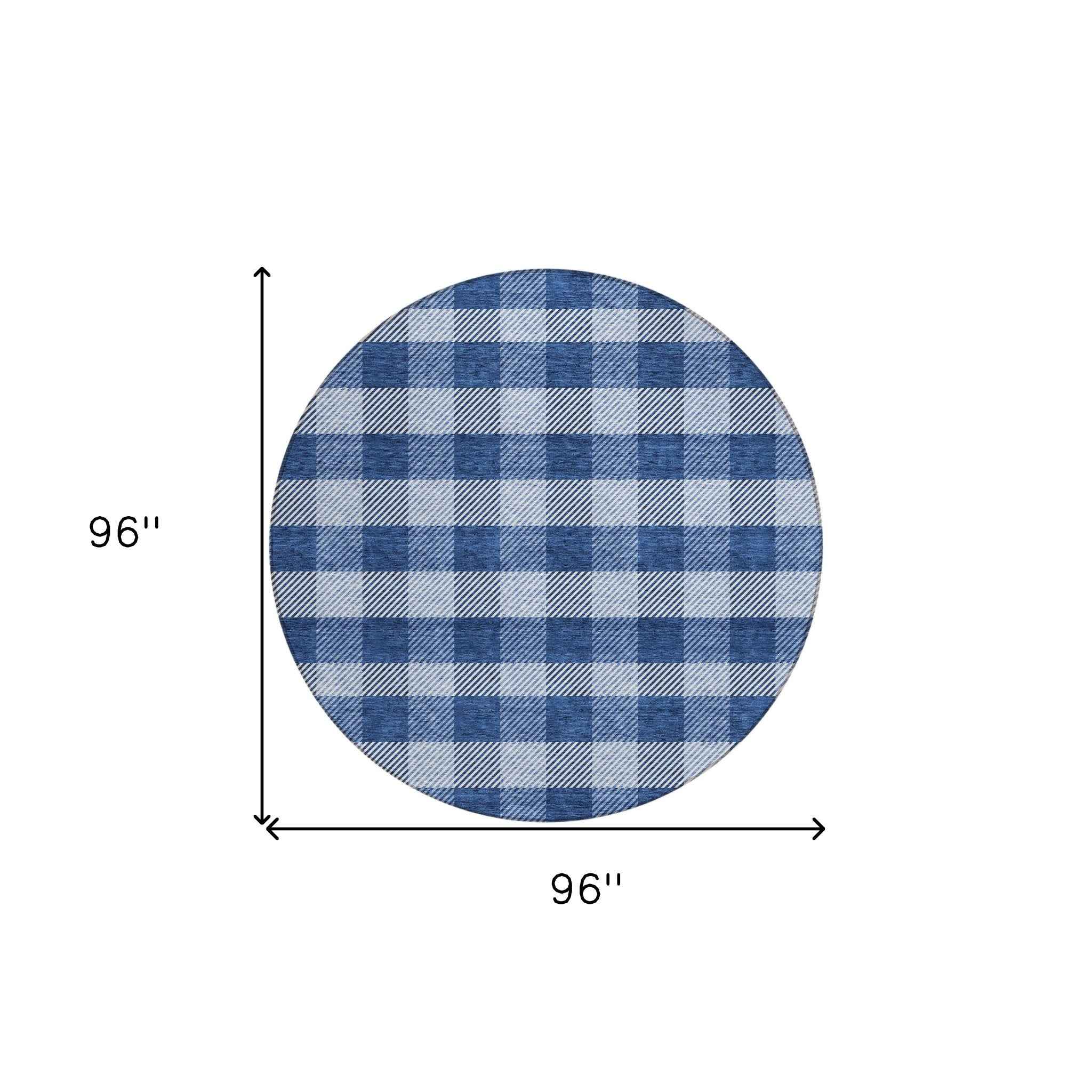 8' Navy Blue And Ivory Round Plaid Washable Indoor Outdoor Area Rug