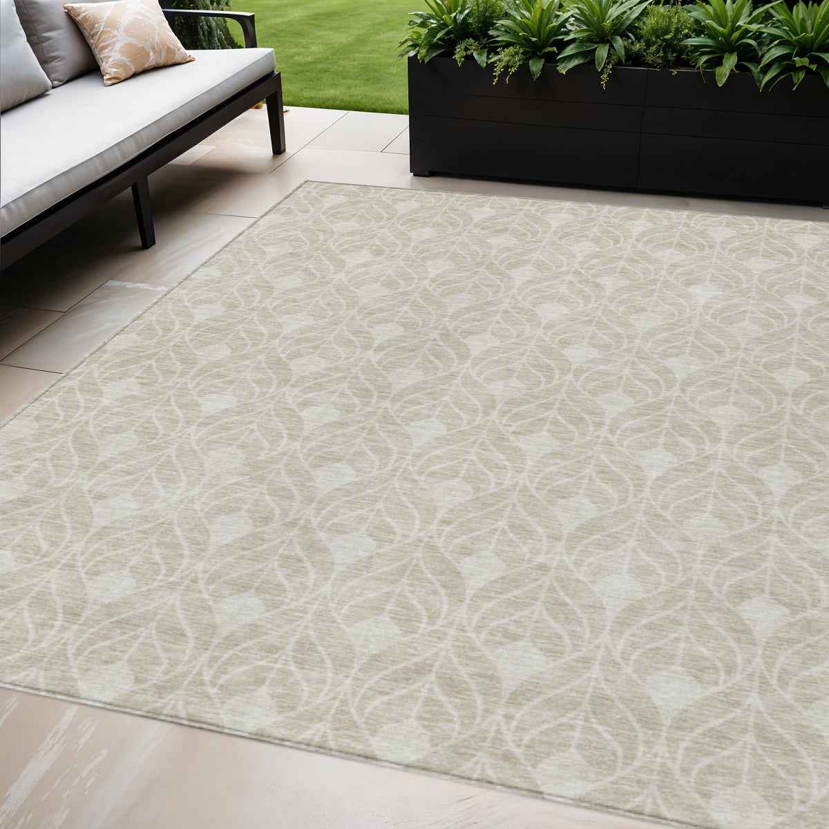 5' X 8' Beige And Ivory Geometric Washable Indoor Outdoor Area Rug
