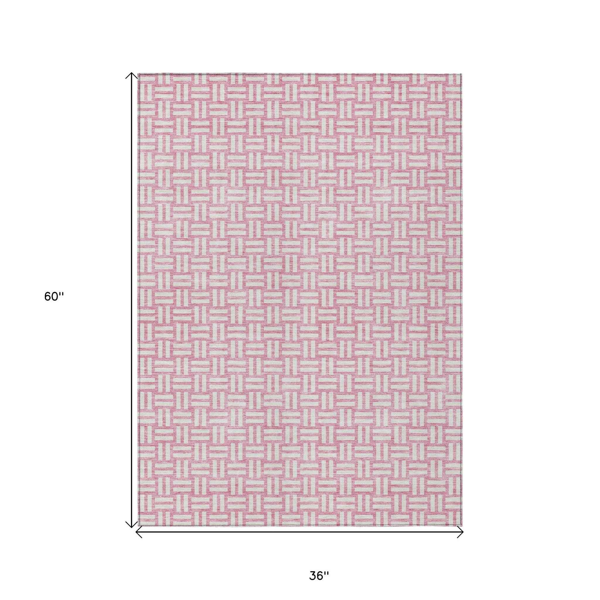 3' X 5' Pink And Ivory Geometric Washable Indoor Outdoor Area Rug