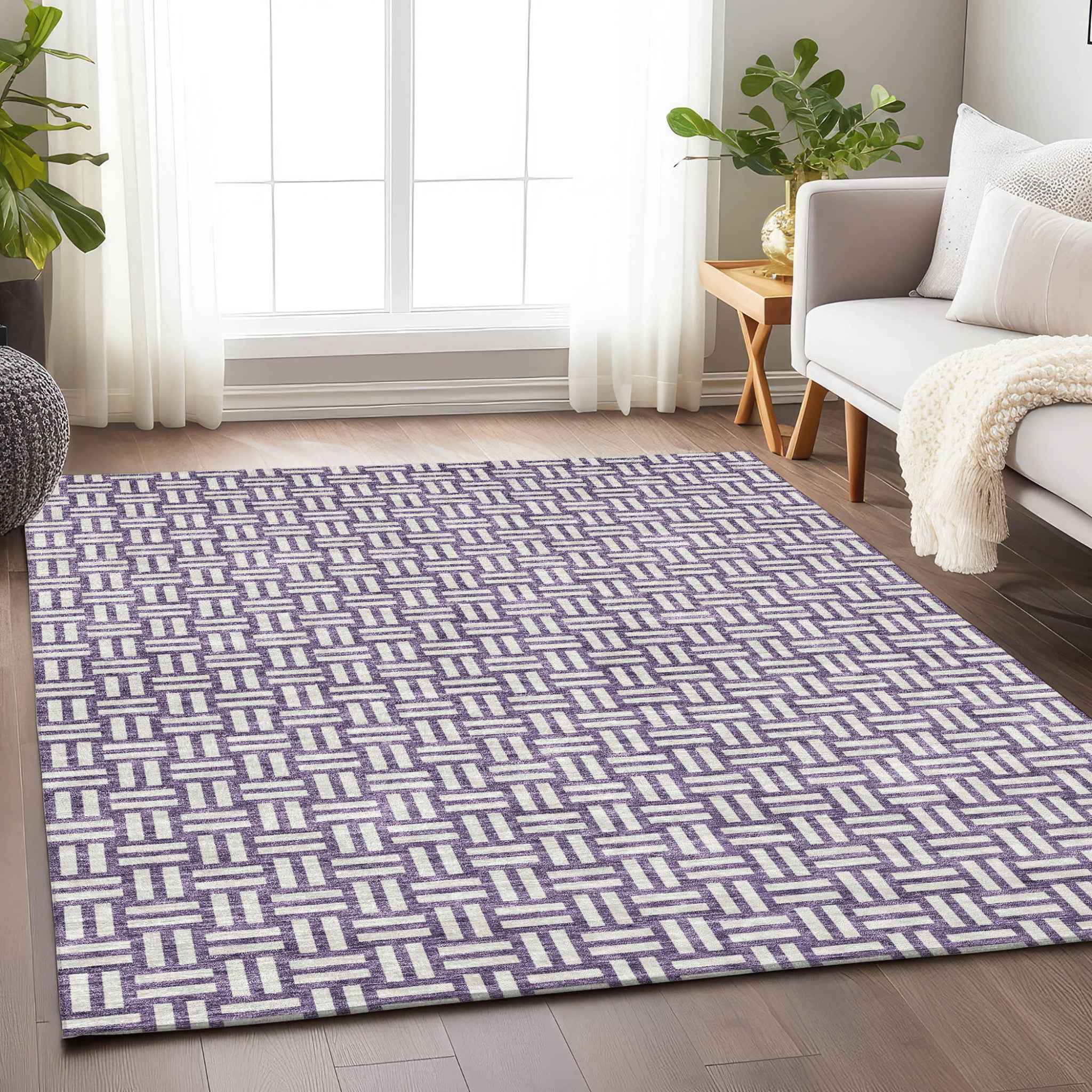 8' X 10' Purple And Ivory Geometric Washable Indoor Outdoor Area Rug