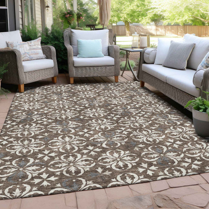 9' X 12' Brown Gray And Beige Floral Washable Indoor Outdoor Area Rug
