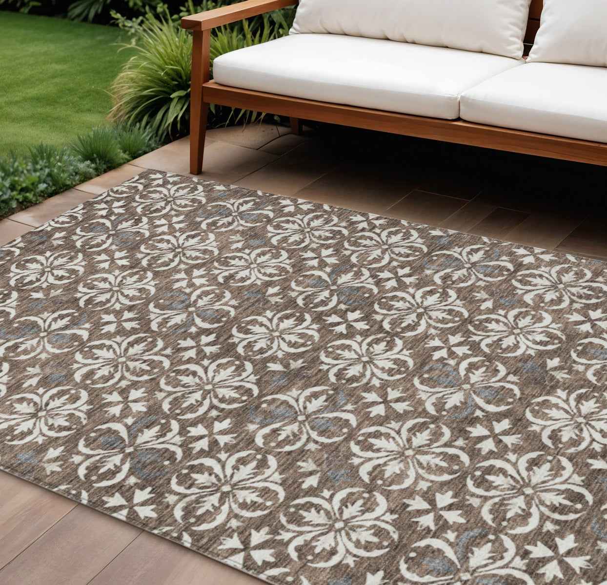 9' X 12' Brown Gray And Beige Floral Washable Indoor Outdoor Area Rug