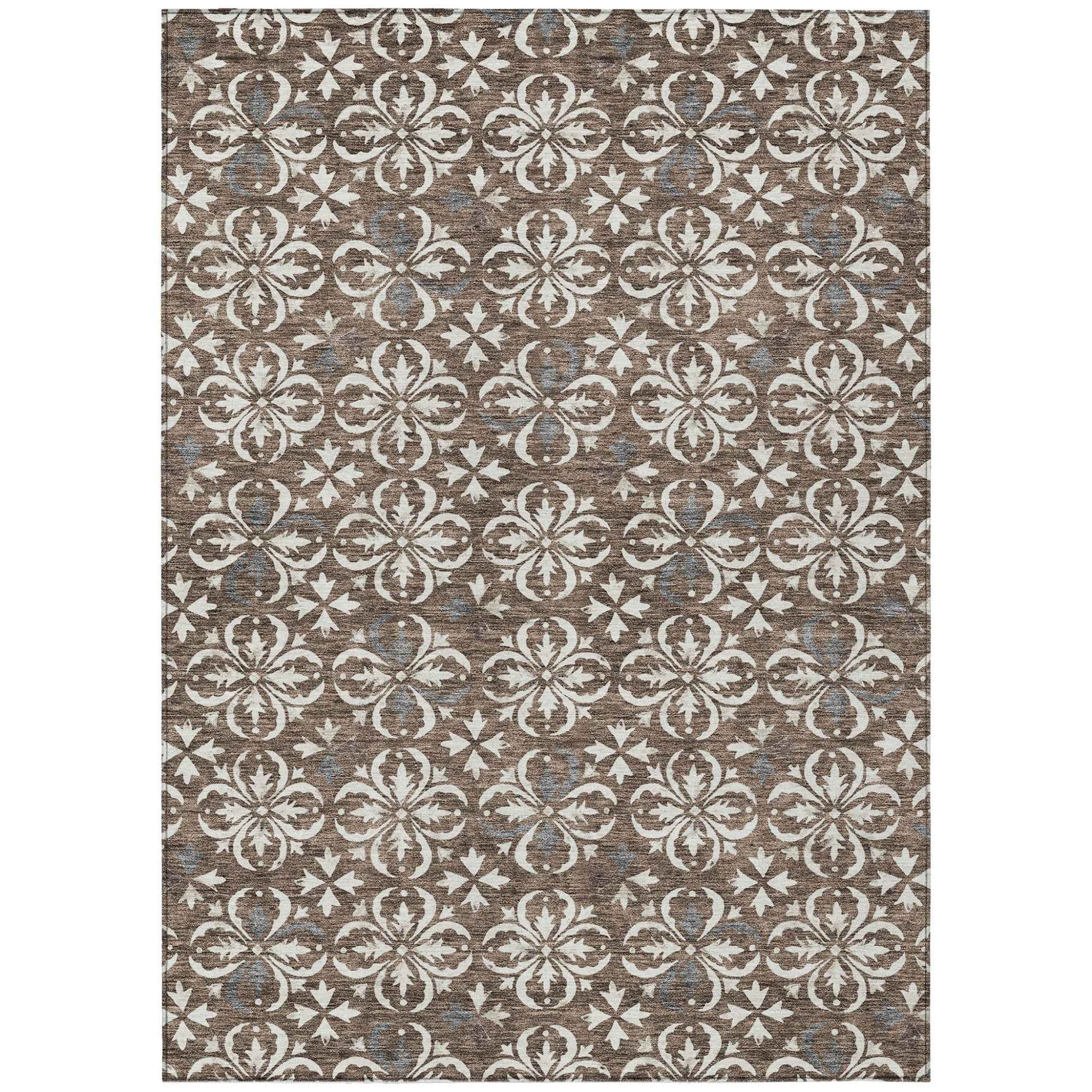 9' X 12' Brown Gray And Beige Floral Washable Indoor Outdoor Area Rug