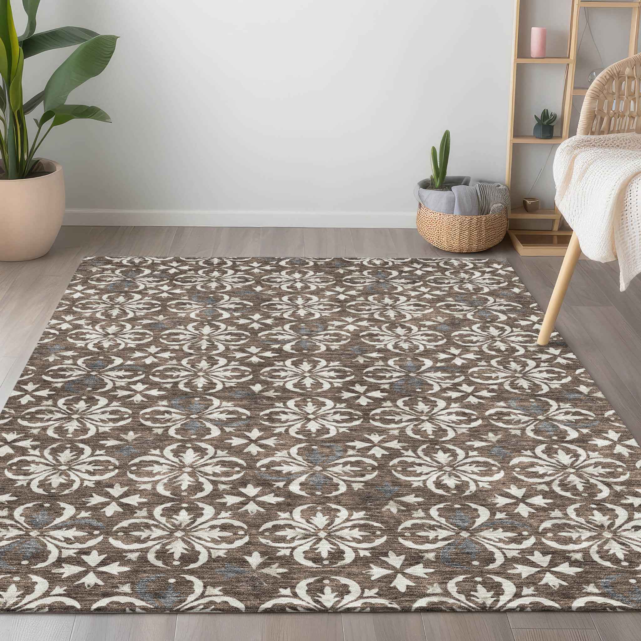 9' X 12' Brown Gray And Beige Floral Washable Indoor Outdoor Area Rug